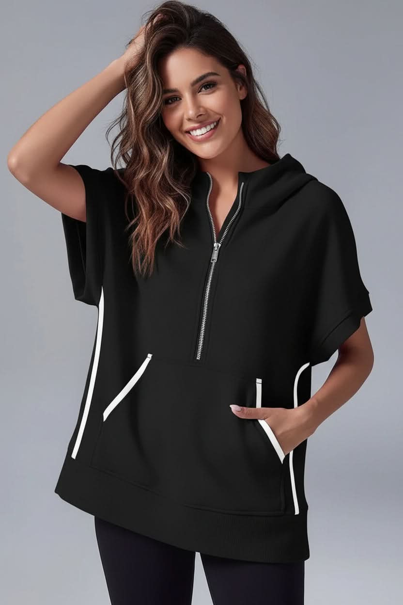 Loungewear women's short sleeve hoodie, relaxed fit, cozy and stylish streetwear.