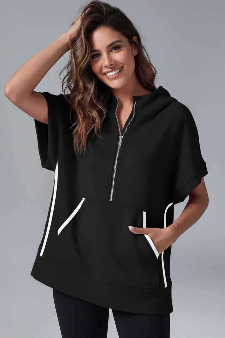 Loungewear women's short sleeve hoodie, relaxed fit, cozy and stylish streetwear.