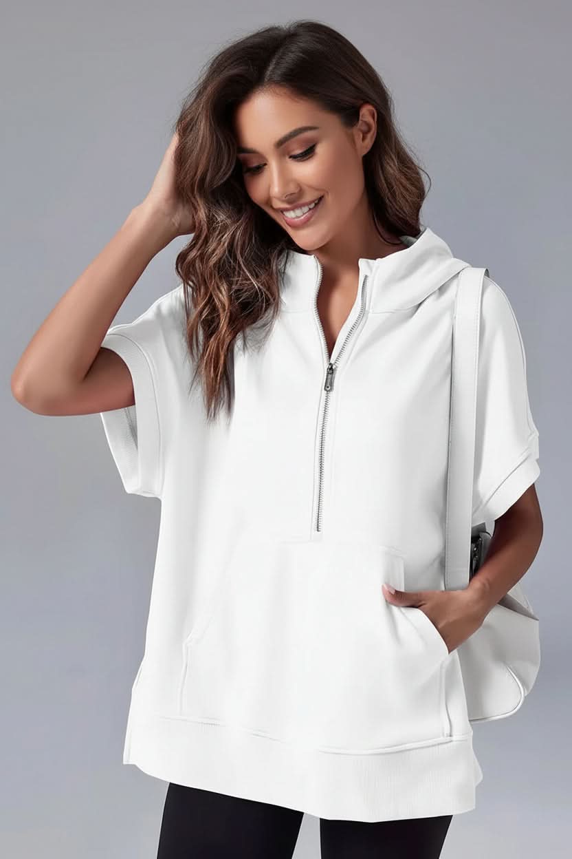Half zip short sleeve hoodie for women, relaxed fit, comfortable casual top.