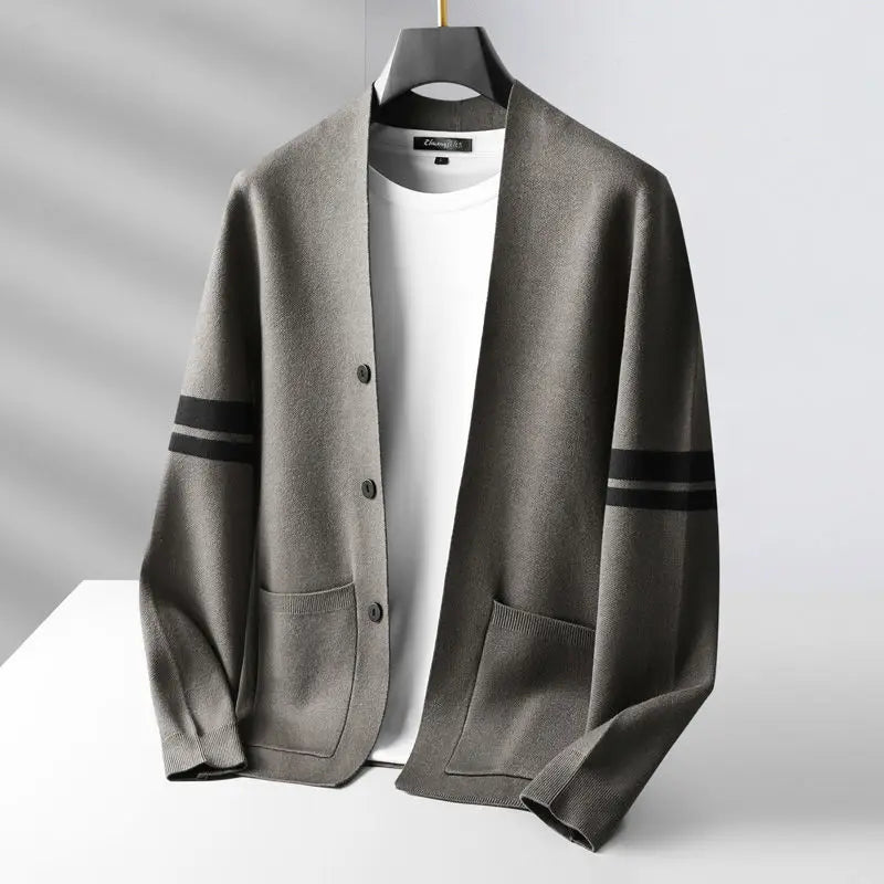 Women's cozy striped classic cardigan sweater, perfect for casual layering. Soft knit fashion for warmth.