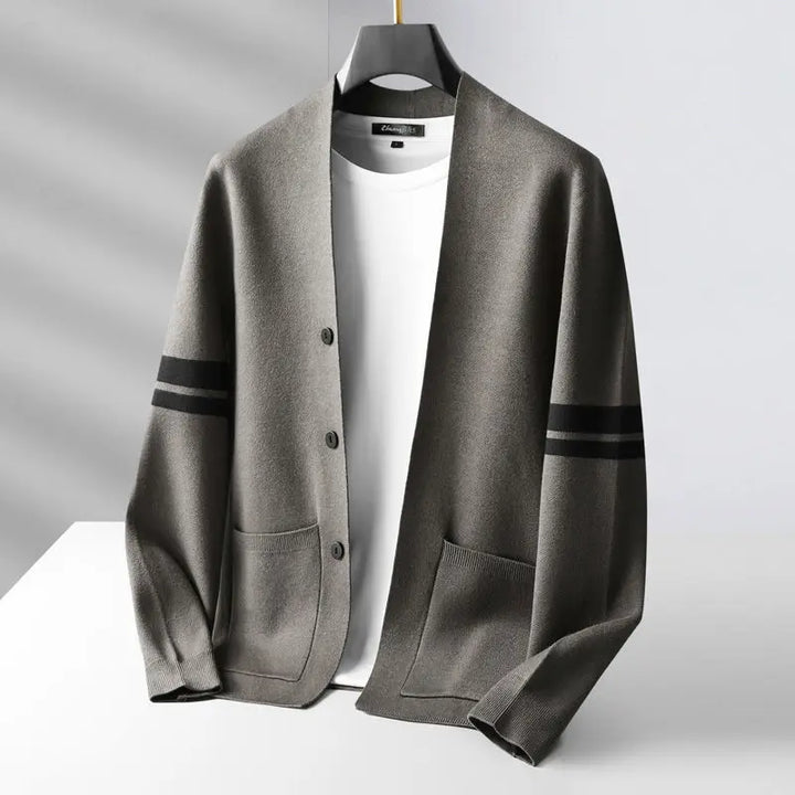 Women's cozy striped classic cardigan sweater, perfect for casual layering. Soft knit fashion for warmth.
