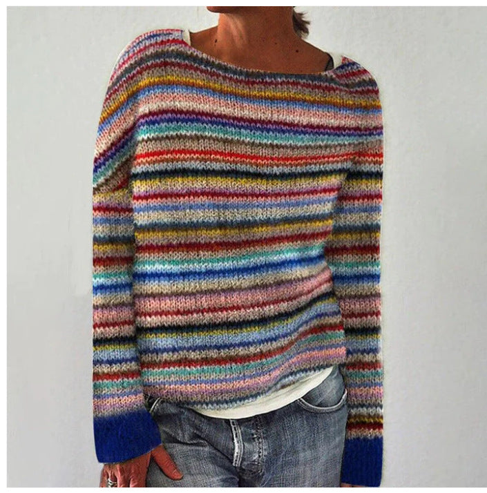 Women's cozy striped jacquard sweater in a relaxed fit, perfect for autumn casual wear. Multicolor long sleeve top.