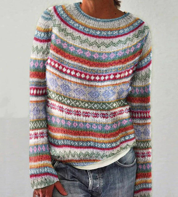 Chic women's relaxed fit striped jacquard sweater, a comfortable multicolor long sleeve top for winter fashion.
