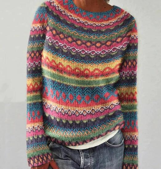 Stylish women's multicolor striped jacquard sweater with a relaxed fit, ideal for cozy autumn and winter casual wear.