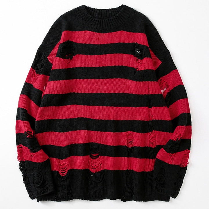 Women's cozy striped loose-knit sweater with ripped design, ideal for casual fall fashion & comfort.