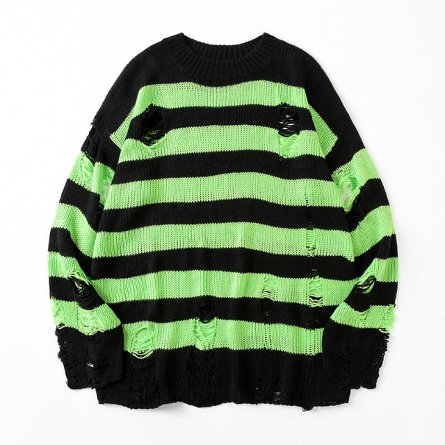 Oversized women's striped sweater, a long-sleeve loose-knit top with effortless ripped style. Perfect for streetwear.