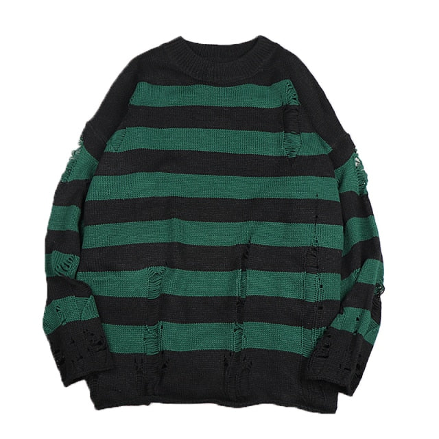Casual women's long-sleeve striped sweater, featuring a loose fit and trendy ripped design for fall/winter comfort.