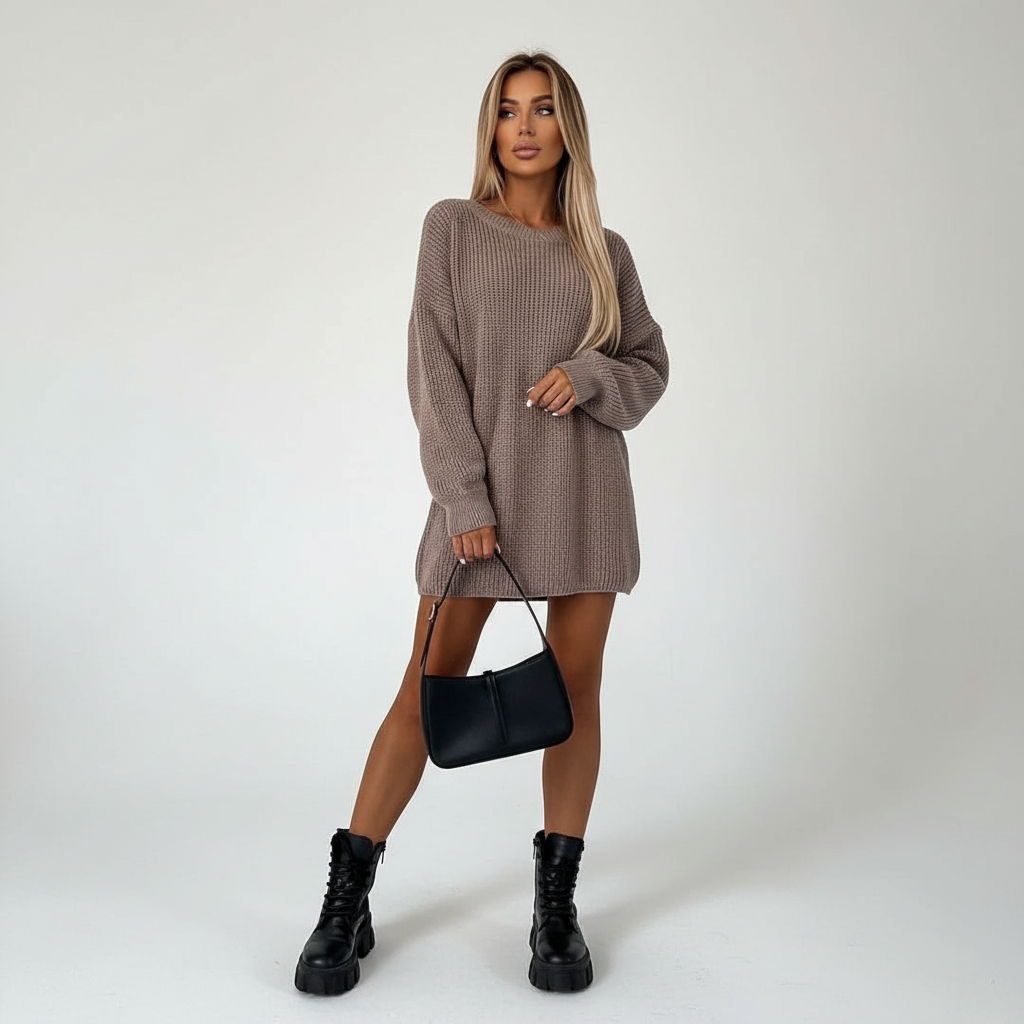 Cozy apparel: long sleeve women's striped tunic sweater, versatile and warm.