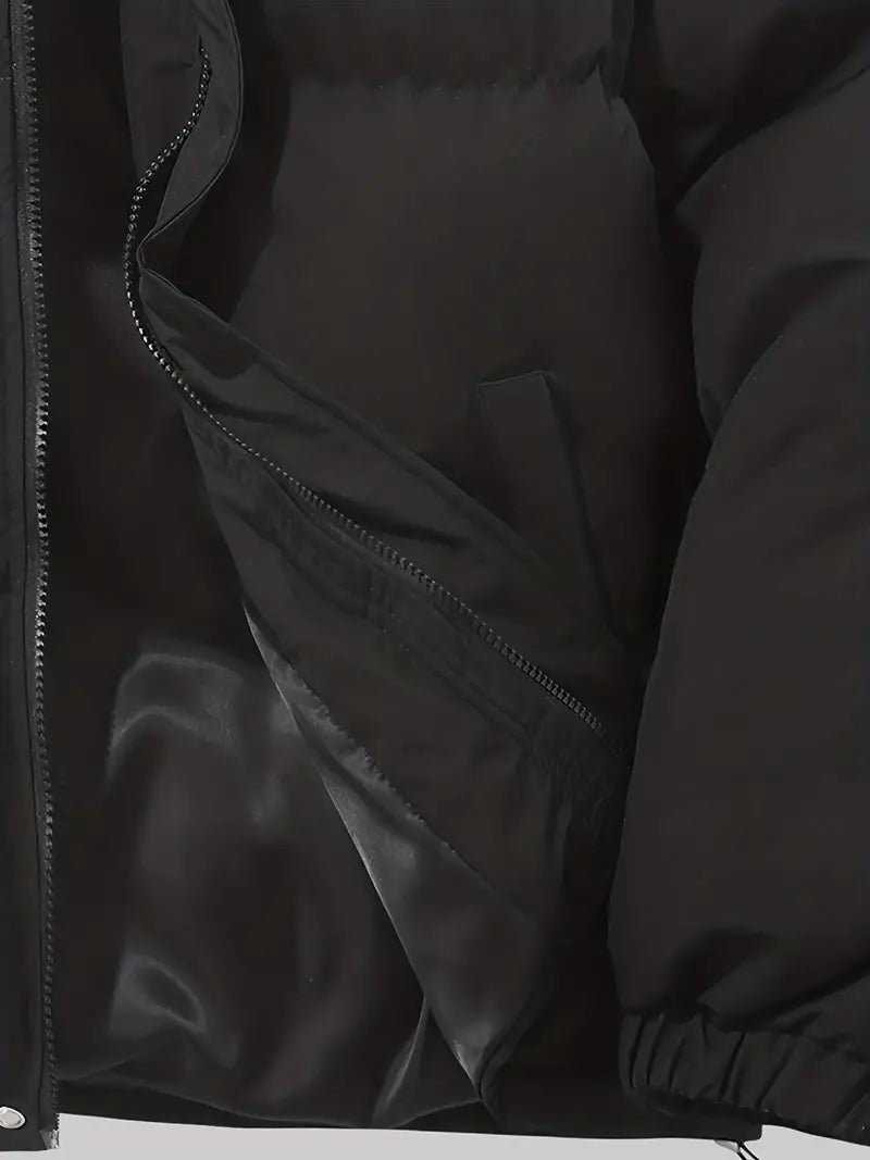 Back view of a women's warm hooded winter jacket. Cozy & stylish long-sleeve outerwear, ideal for comfort.