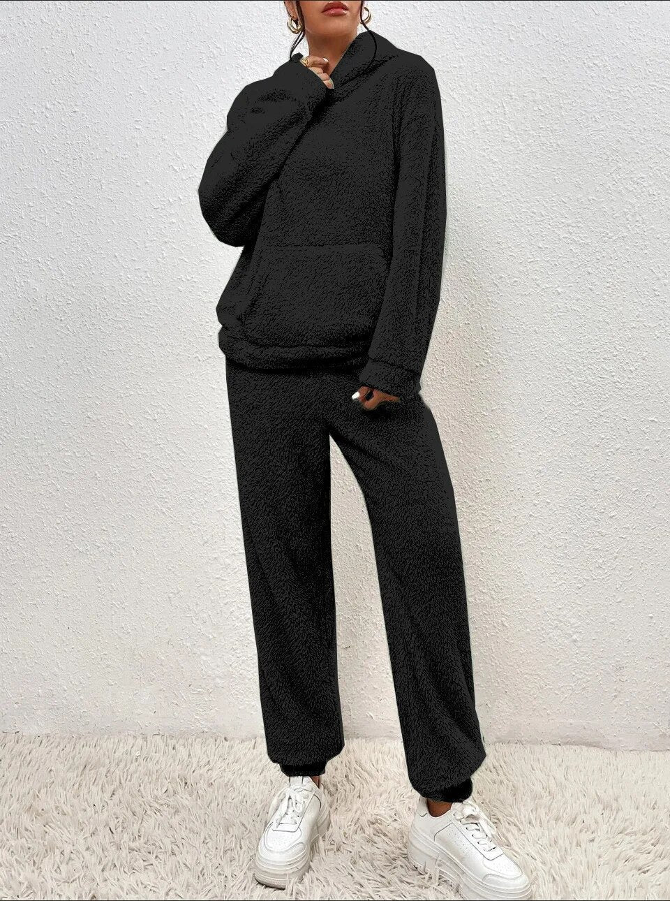 Plus size women's teddy loungewear set. Hooded, ultra-soft & cozy for comfortable winter wear.