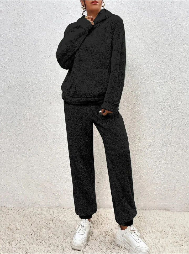 Plus size women's teddy loungewear set. Hooded, ultra-soft & cozy for comfortable winter wear.