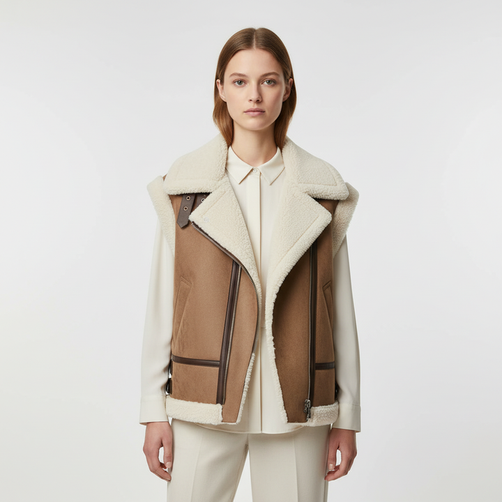 Warm women's autumn vest with soft teddy quilting, in khaki for a cozy outerwear look