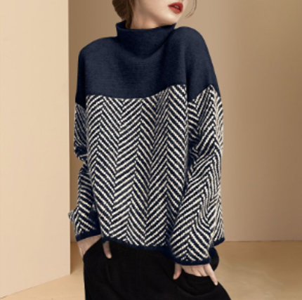 Women's elegant warm turtleneck sweater, cozy textured knit pullover for fall and winter fashion.