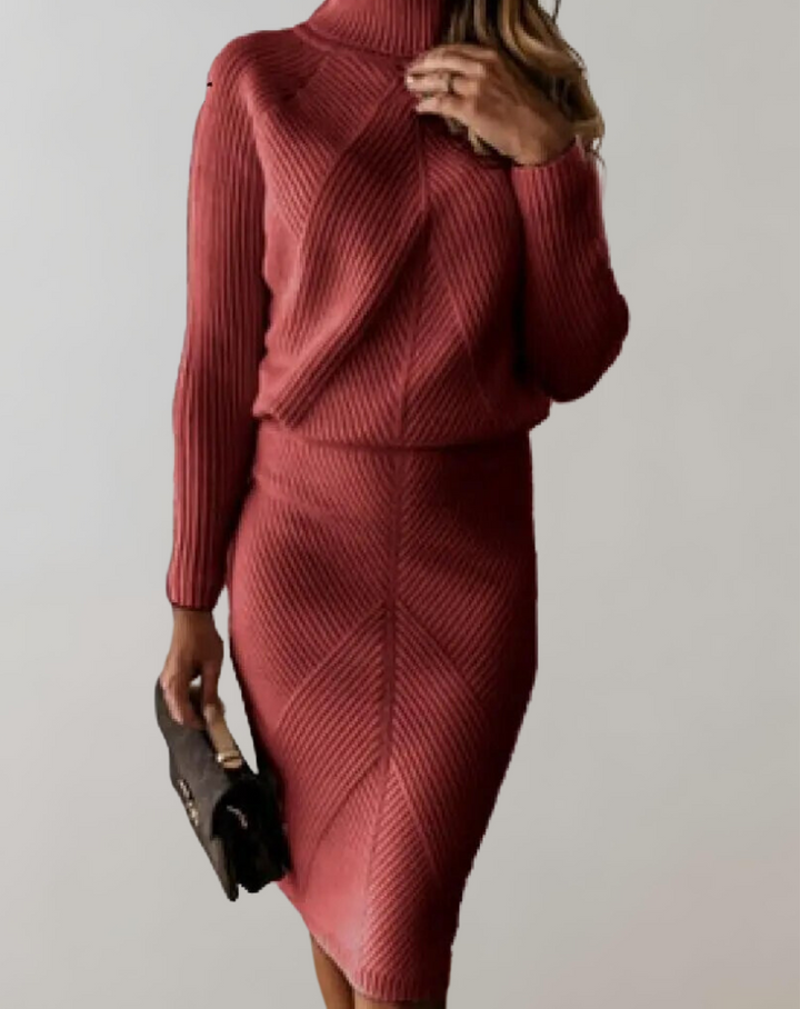 Women's cozy turtleneck knit two-piece skirt set for fall/winter, soft and warm fashion ensemble.