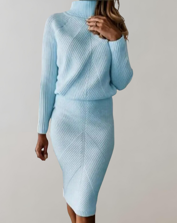 Chic women's knit turtleneck and skirt set, perfect for a cozy, elegant fall and winter outfit.