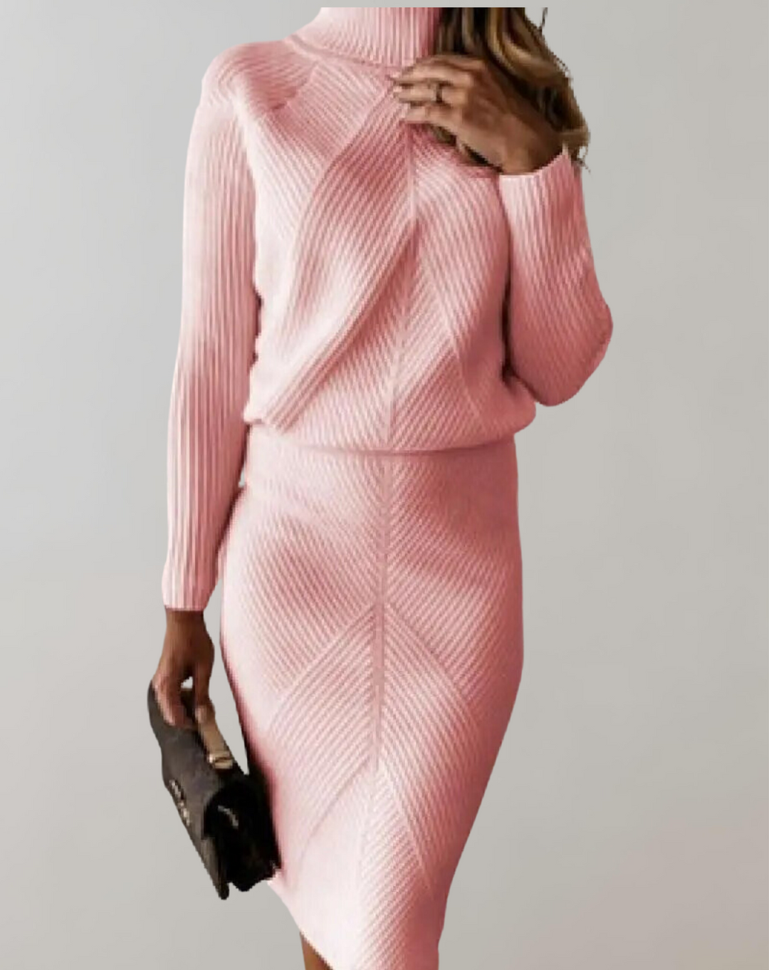 Versatile women's two-piece knit set with turtleneck top and skirt, ideal for chic fall/winter style.