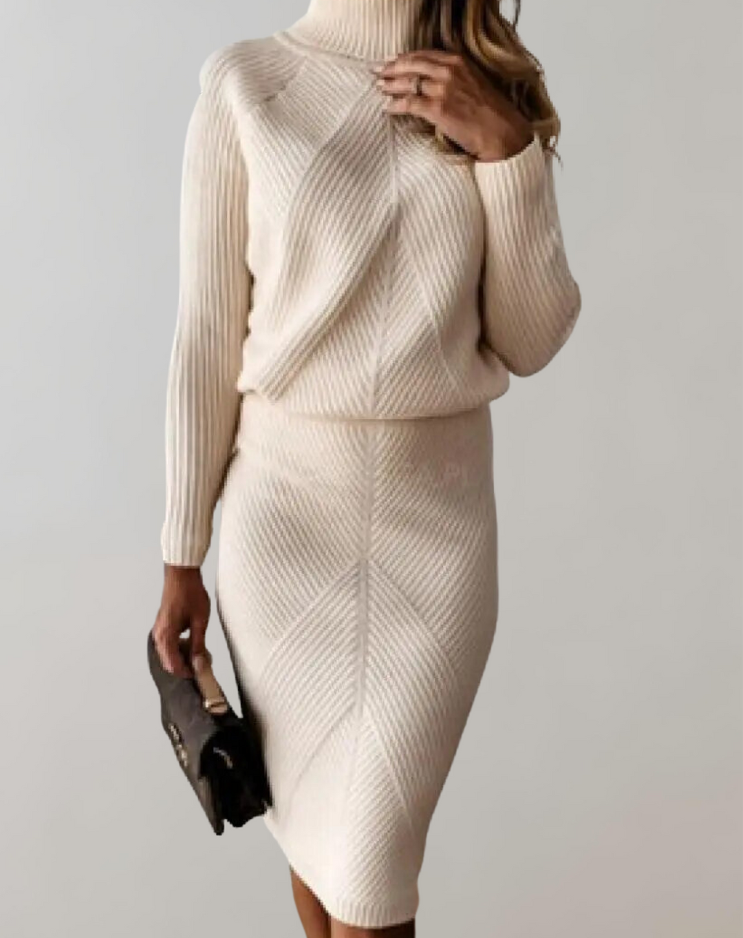 Elegant women's turtleneck knit skirt set, a cozy and stylish fashion ensemble for cold weather.