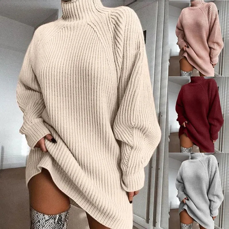 Women's cozy turtleneck midi dress for ultimate winter warmth and comfort. Stylish long sleeve design.