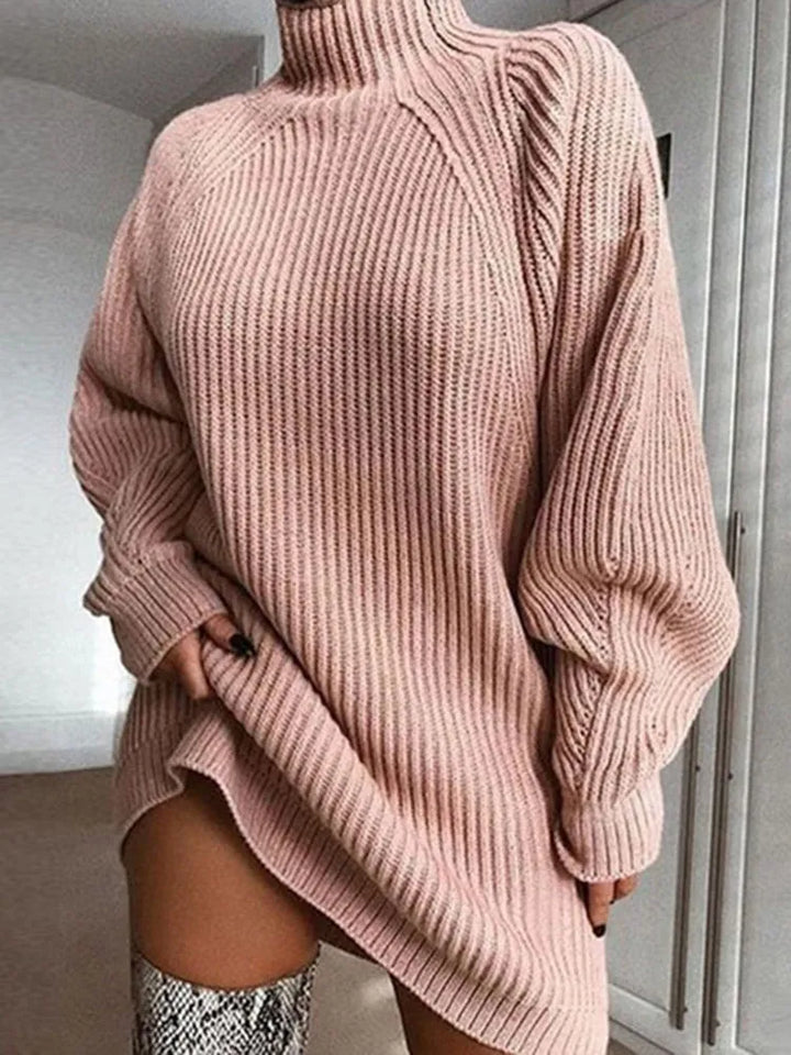 Elegant women's turtleneck dress, perfect for cold weather. Comfortable and warm, a must-have winter fashion.