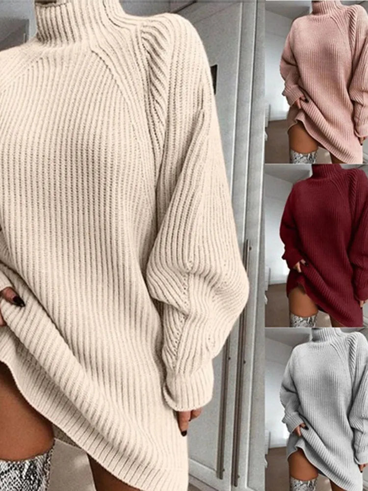 Elegant women's cold weather midi dress with a cozy turtleneck. Stylish long sleeves for warmth.