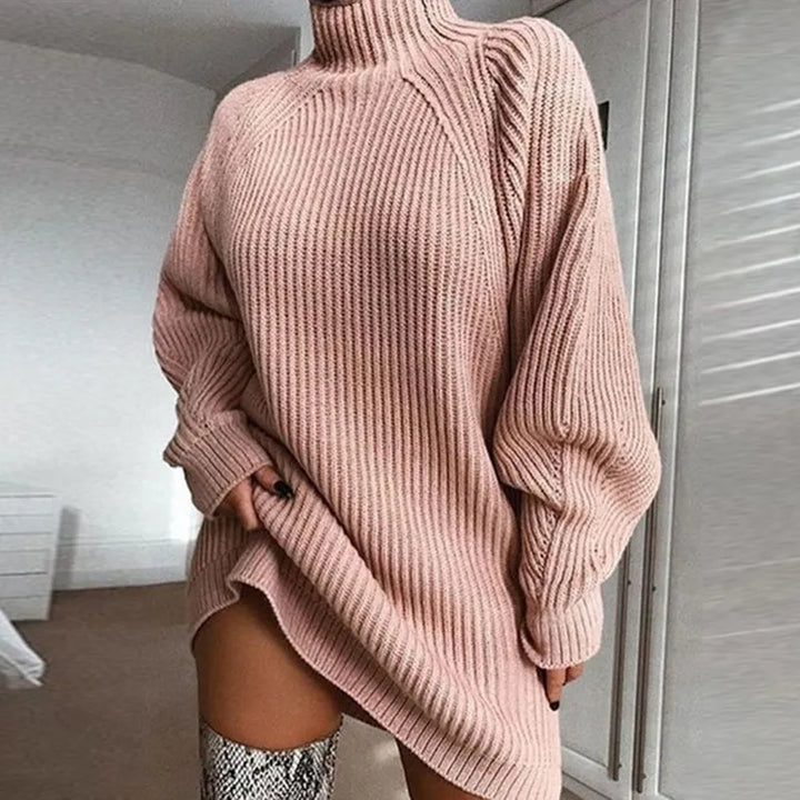Stylish women's turtleneck long sleeve midi dress. A warm and elegant choice for winter fashion.