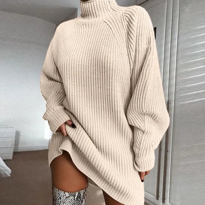 Cozy women's turtleneck dress for winter. Comfortable midi length and long sleeves provide warmth.