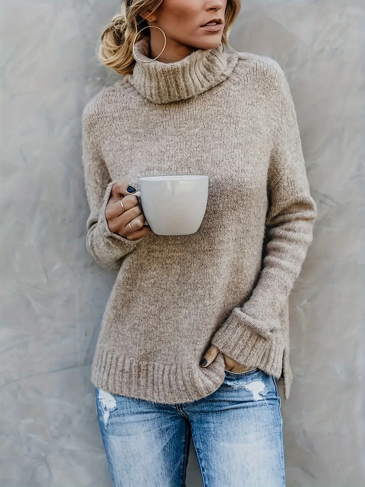 Women's cozy turtleneck sweater, relaxed fit, side split hem. Perfect for fall & winter casual wear.