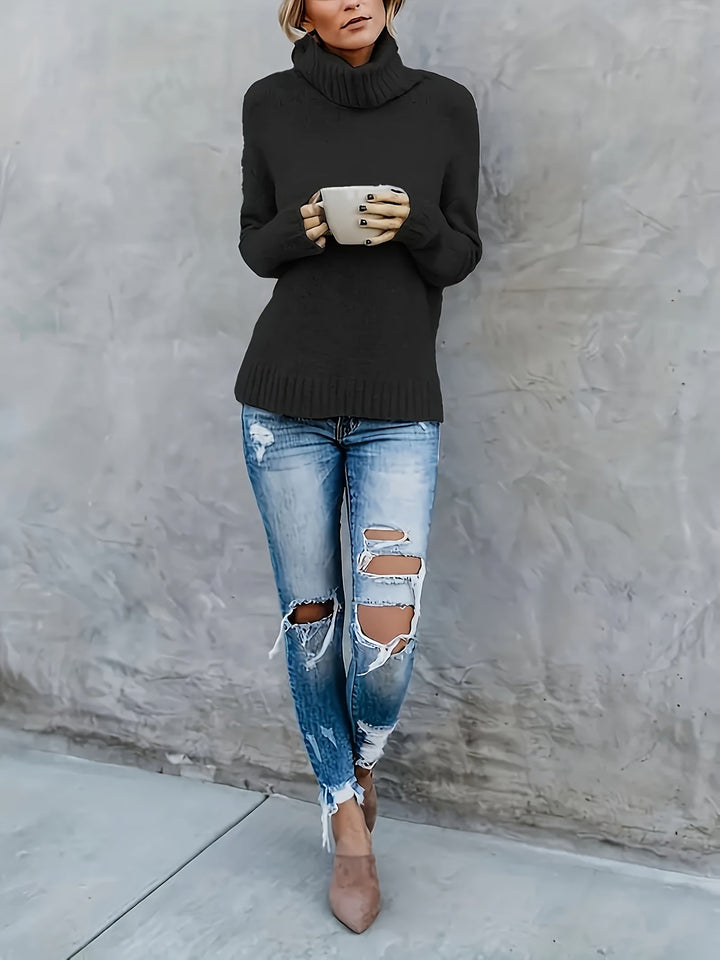 Everyday women's casual turtleneck sweater, relaxed fit, cozy fabric, and a fashionable side split hem.