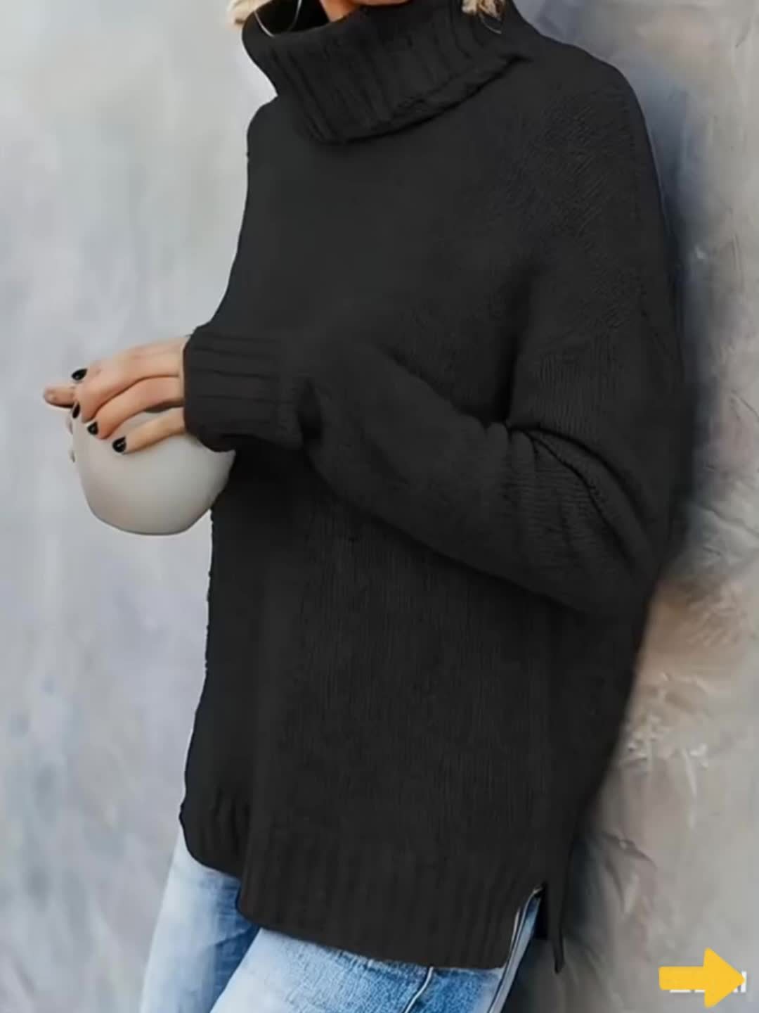 Women's comfortable long sleeve relaxed fit turtleneck sweater with elegant side split hem.