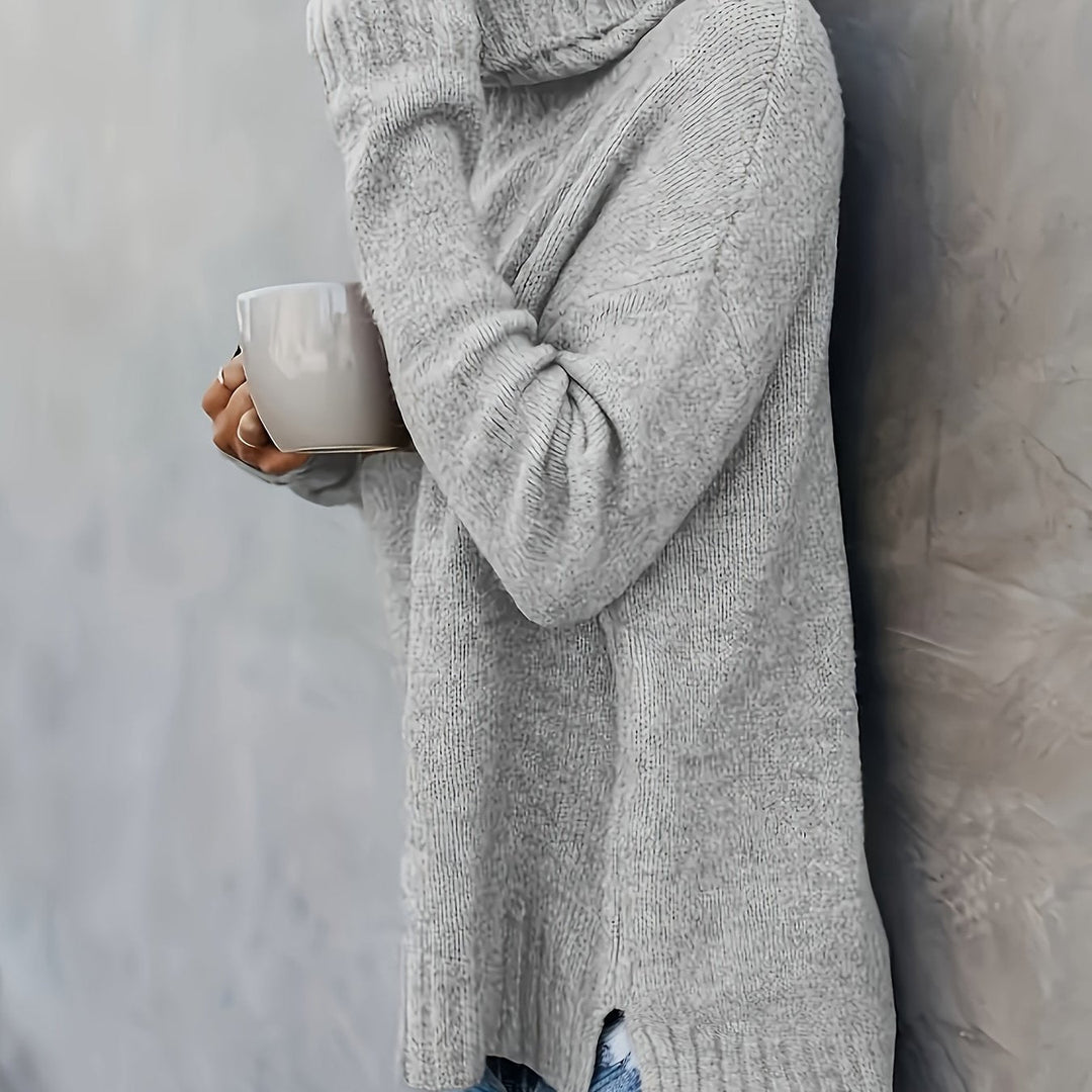 Cozy women's turtleneck sweater for fall, relaxed fit, side split hem detail, perfect for layering.