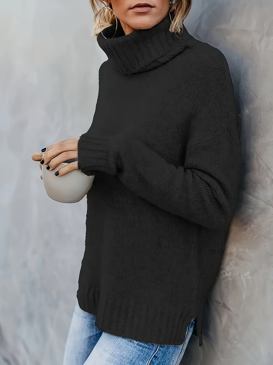 Stylish women's long sleeve turtleneck sweater with comfortable relaxed fit & chic side split hem.
