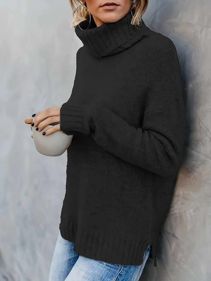 Stylish women's long sleeve turtleneck sweater with comfortable relaxed fit & chic side split hem.