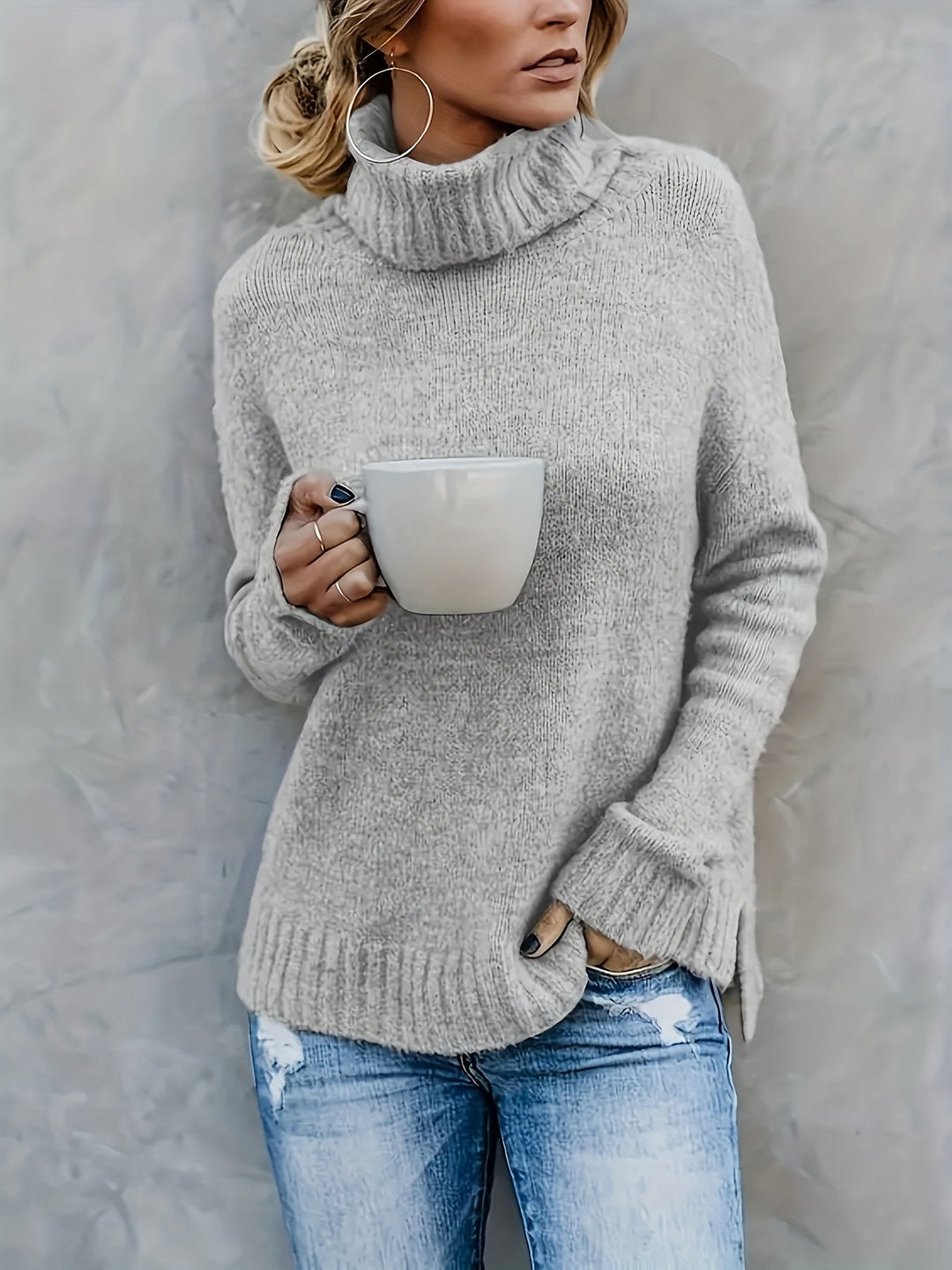 Women's fall turtleneck sweater, relaxed fit, side split hem. Soft knit for a cozy, stylish look.