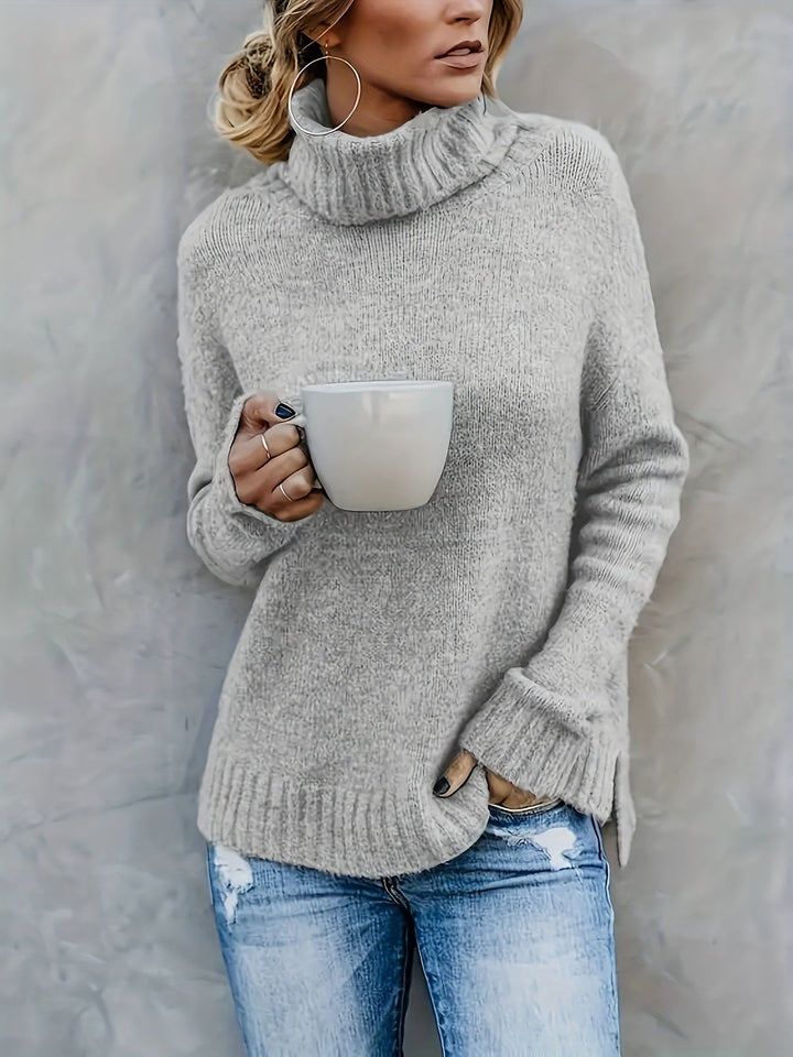 Women's fall turtleneck sweater, relaxed fit, side split hem. Soft knit for a cozy, stylish look.