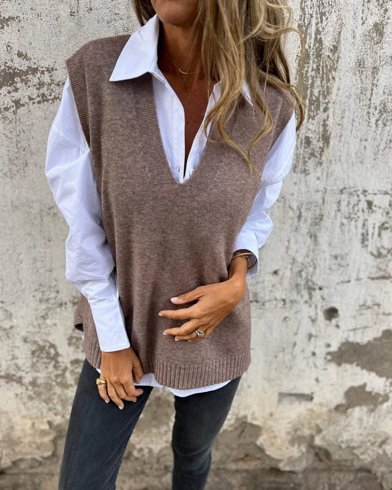 Brown women's V-neck cardigan, a cozy long-sleeve layering top for versatile fall & winter fashion.