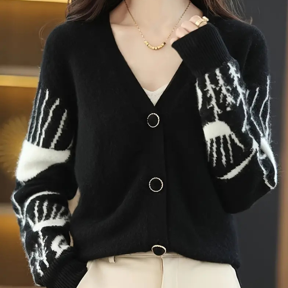 Women's cozy V-neck cardigan sweater in soft knit, perfect for effortless fall & winter style.