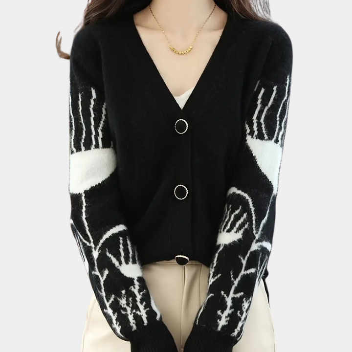 Elegant women's V-neck cardigan, a soft knit layering piece for casual or chic winter fashion.