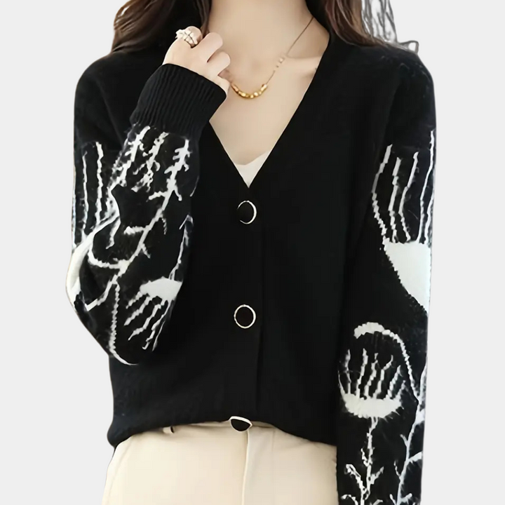 Comfortable women's V-neck cardigan sweater, a warm fall & winter knit for daily cozy wear.