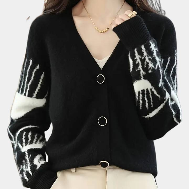 Stylish women's V-neck cardigan, a warm and elegant knitwear piece for fall casual tops.