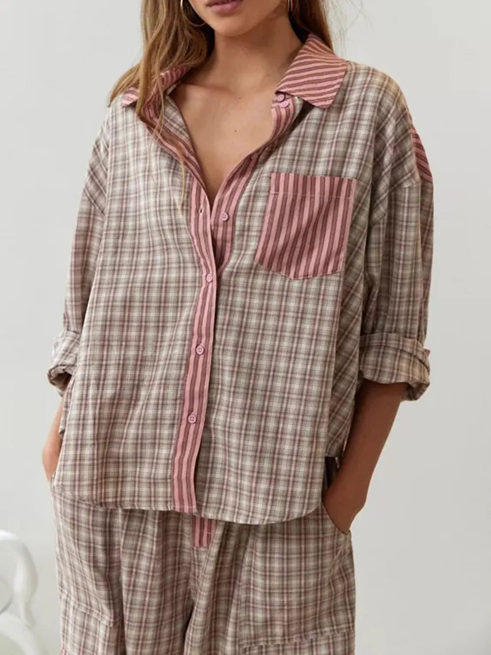 Relaxed fit women's vintage pajama set. Cozy two-piece loungewear for ultimate comfort and home wear style.
