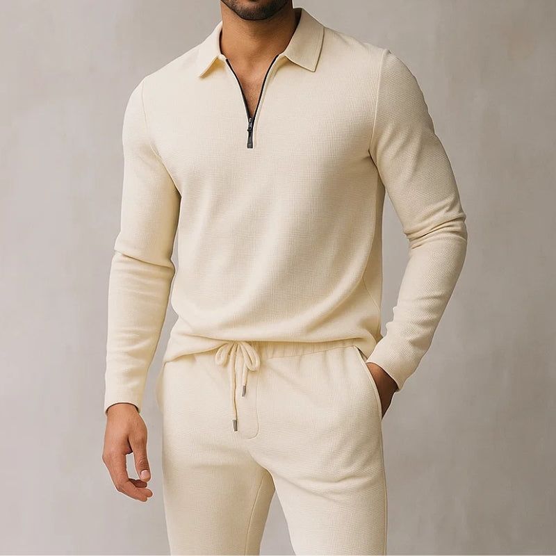 Women's cozy waffle knit two-piece lounge set with zip top & joggers. Perfect casual loungewear.