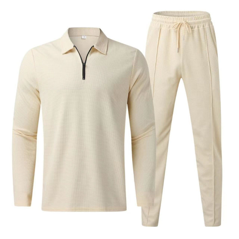 Soft women's waffle knit lounge set, two-piece jogger & zip-up top for ultimate cozy casual wear.