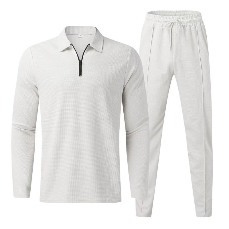 Ultra-cozy women's waffle knit two-piece set. Warm jogger & zip-top loungewear for ultimate comfort.