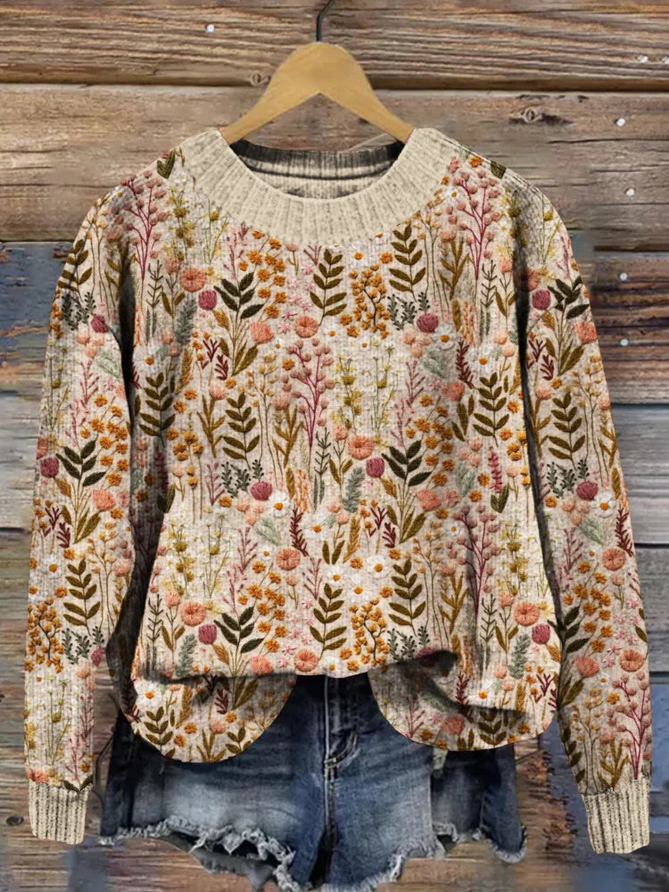 Women's cozy warm embroidered knit sweater, an elegant long sleeve jumper perfect for fall and winter fashion.
