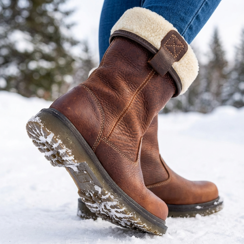 Plush women's cozy winter ankle boots. Warm, comfortable slip-on style, perfect for cold weather fashion.