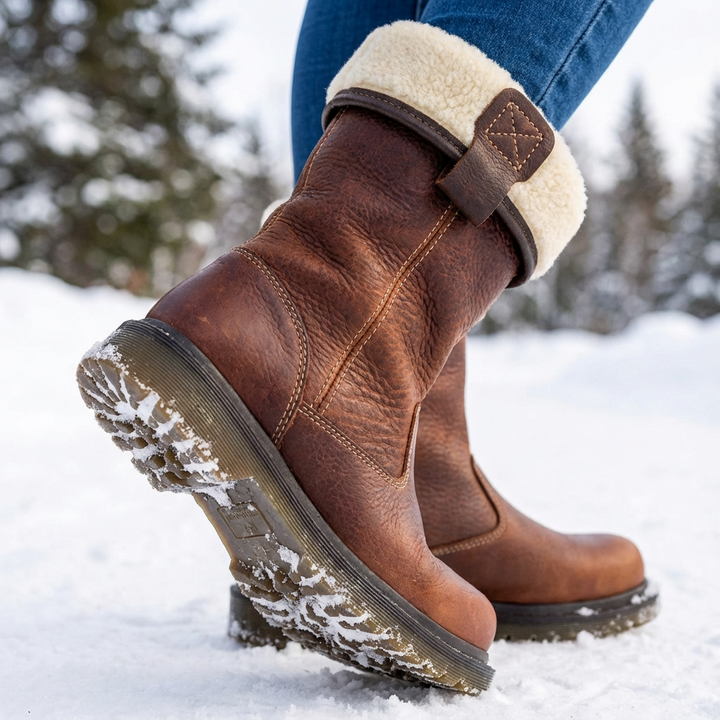Plush women's cozy winter ankle boots. Warm, comfortable slip-on style, perfect for cold weather fashion.