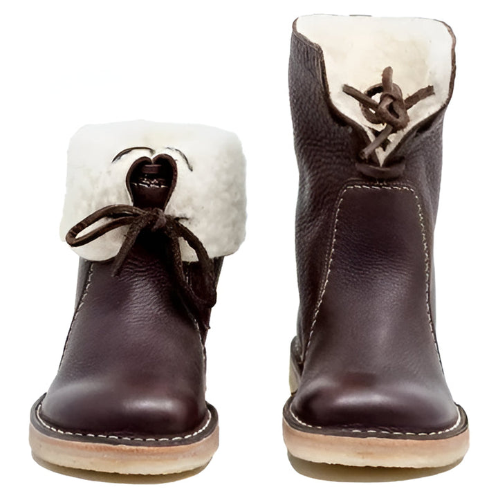 Stylish women's lace-up winter boots with a round toe, waterproof and wool-lined for cozy, comfortable wear.