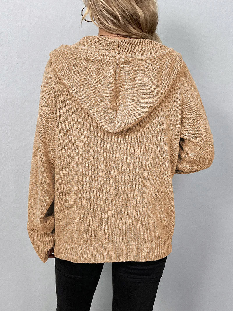 Cozy women's long hooded cardigan, perfect for relaxing or casual outings.