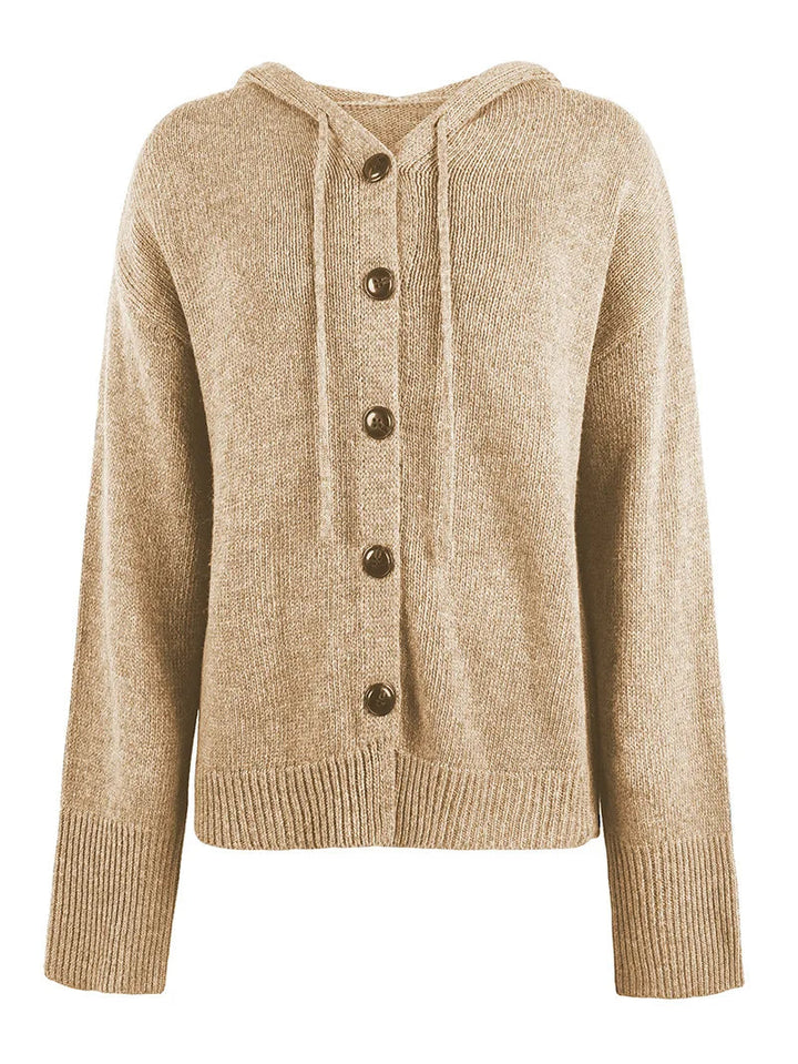 Women's versatile hooded button-up cardigan, a chic all-season outerwear piece.