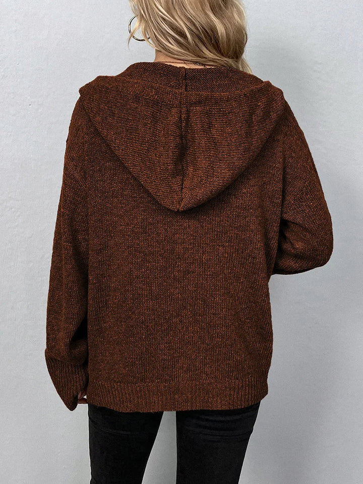 Comfortable women's open-front hooded cardigan, perfect for layering on cool days.
